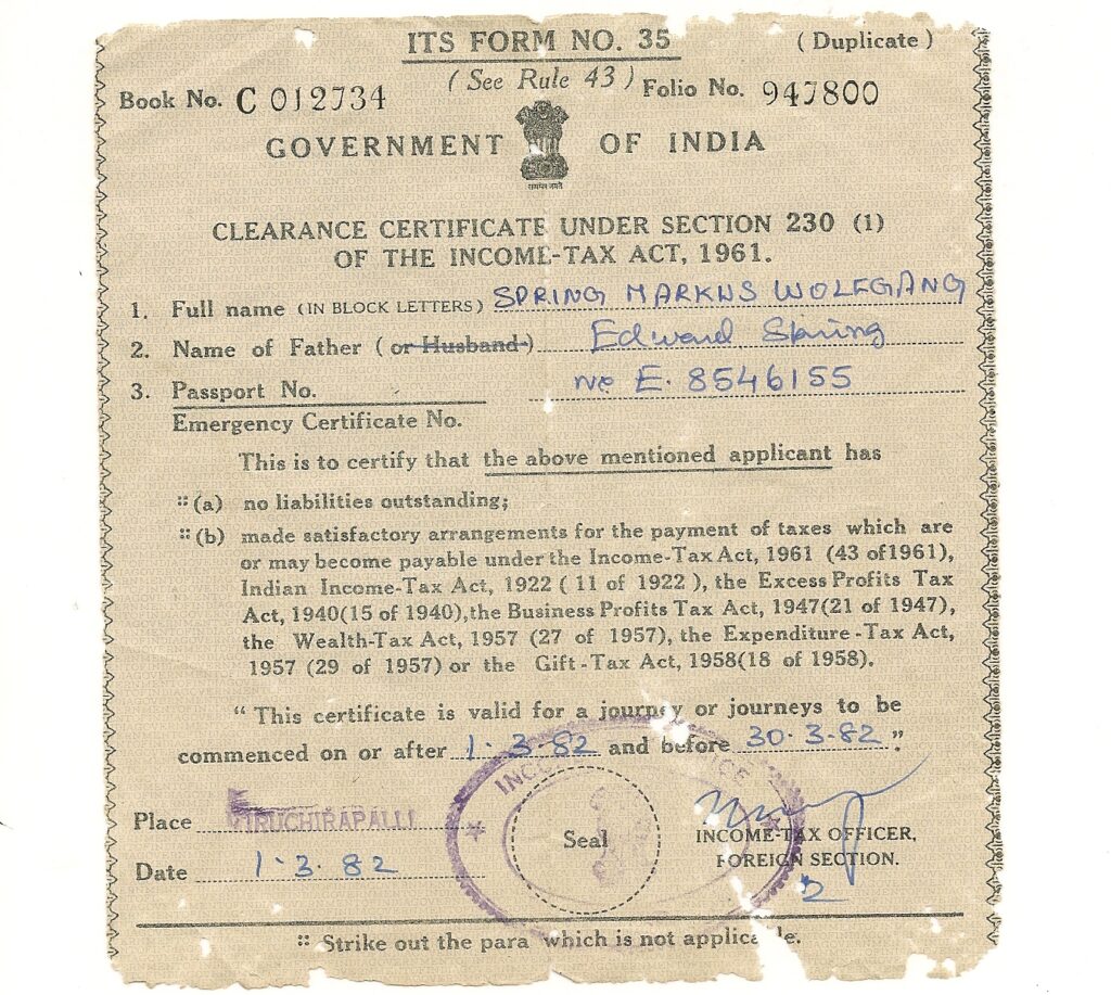 Click to enlarge: Tax Clearance Certificate, India 1982